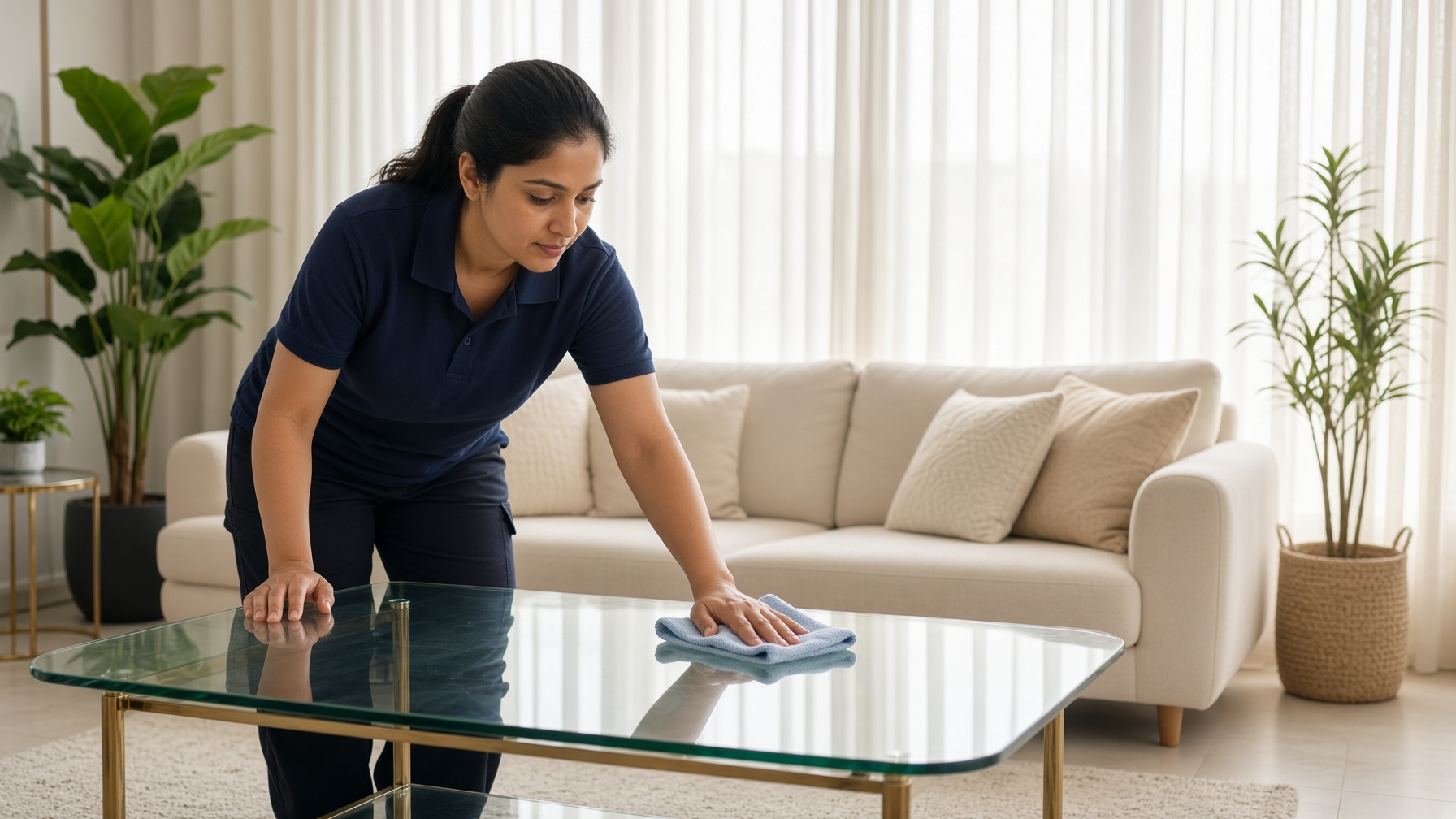 Home cleaning in a Dubai apartment living room — A&M PureCare at the coffee table