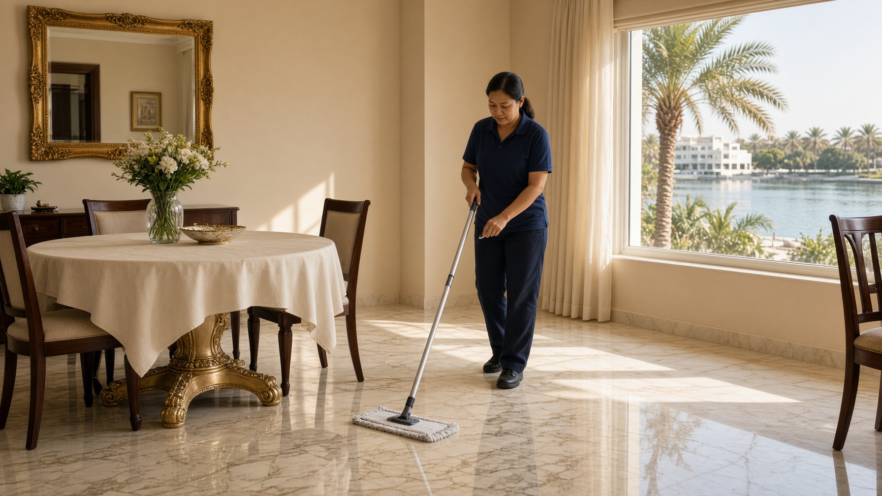 Cleaning services in Sharjah — A&M PureCare mopping a dining room