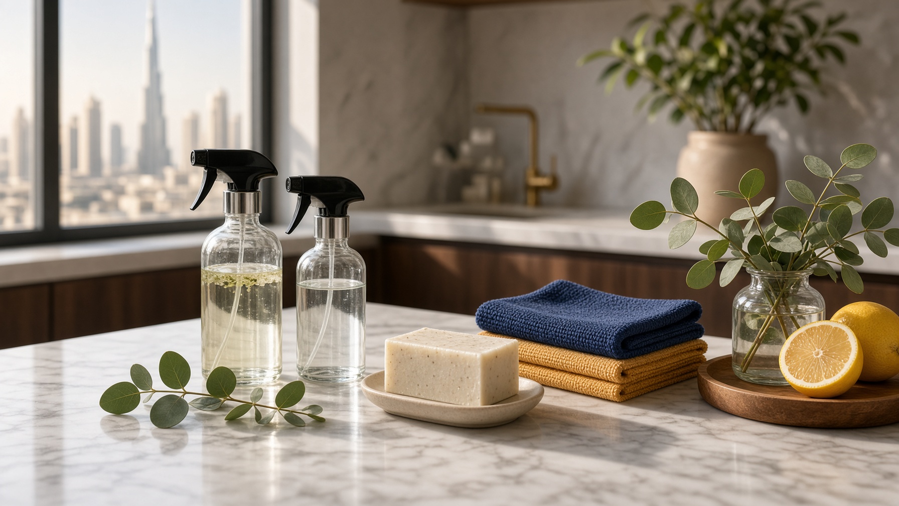Eco-friendly cleaning products on a sunlit Dubai kitchen counter