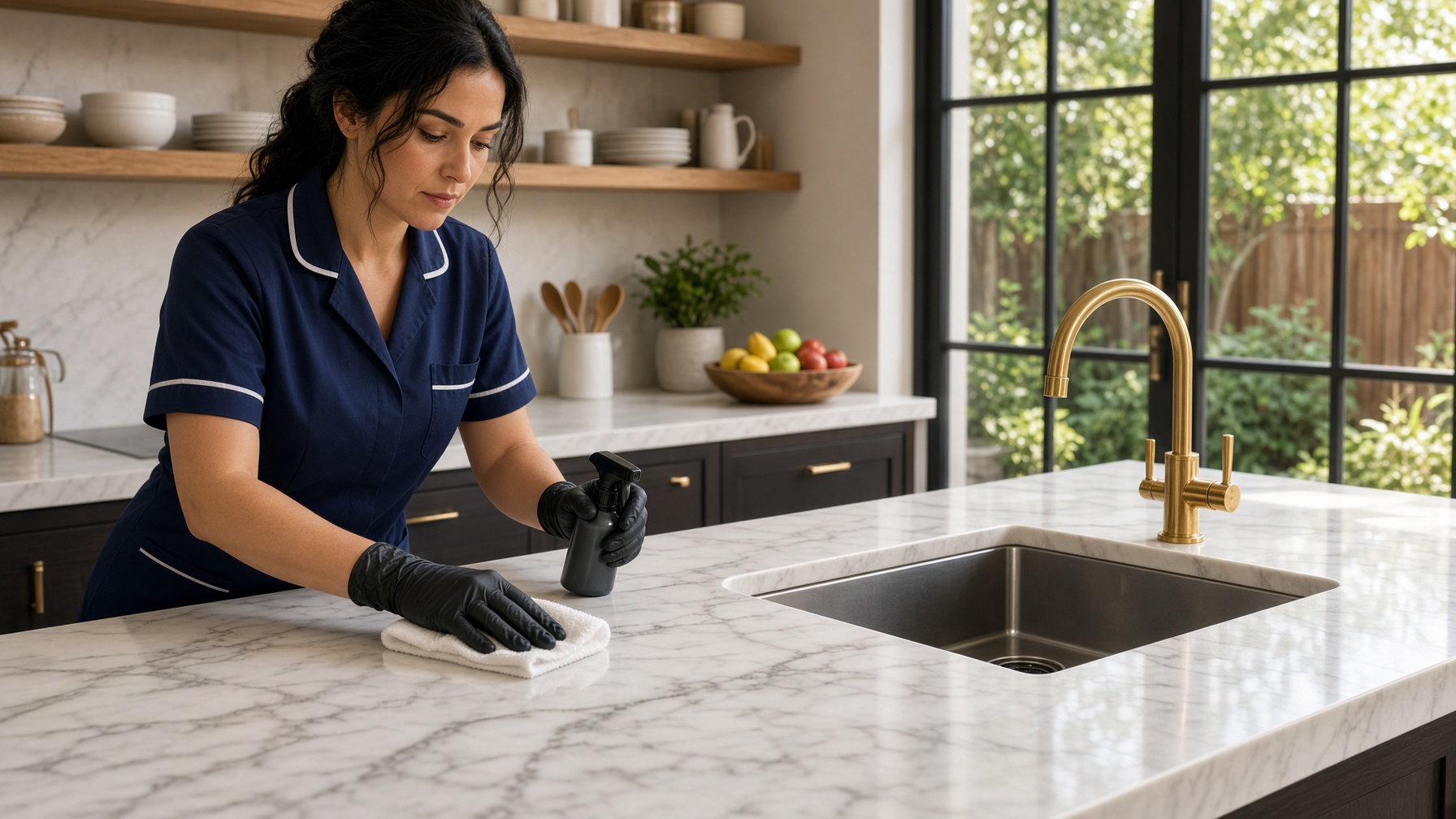 Villa kitchen cleaning in Dubai — A&M PureCare polishing a marble island