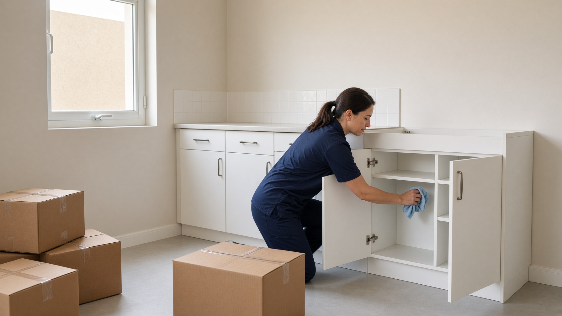 Move-out cleaning in an empty Dubai apartment kitchen