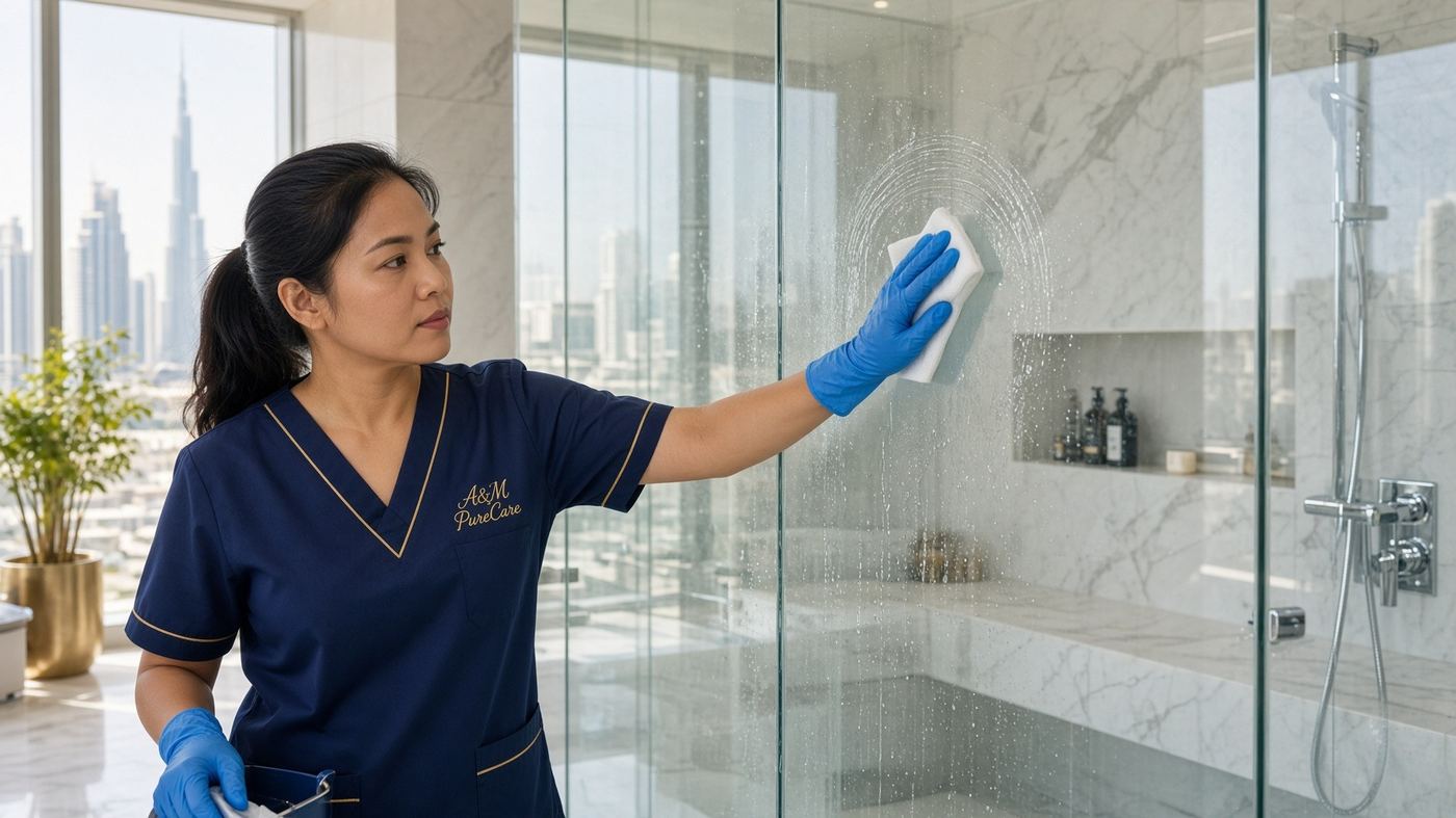 A&M PureCare cleaner deep cleaning a Dubai villa bathroom