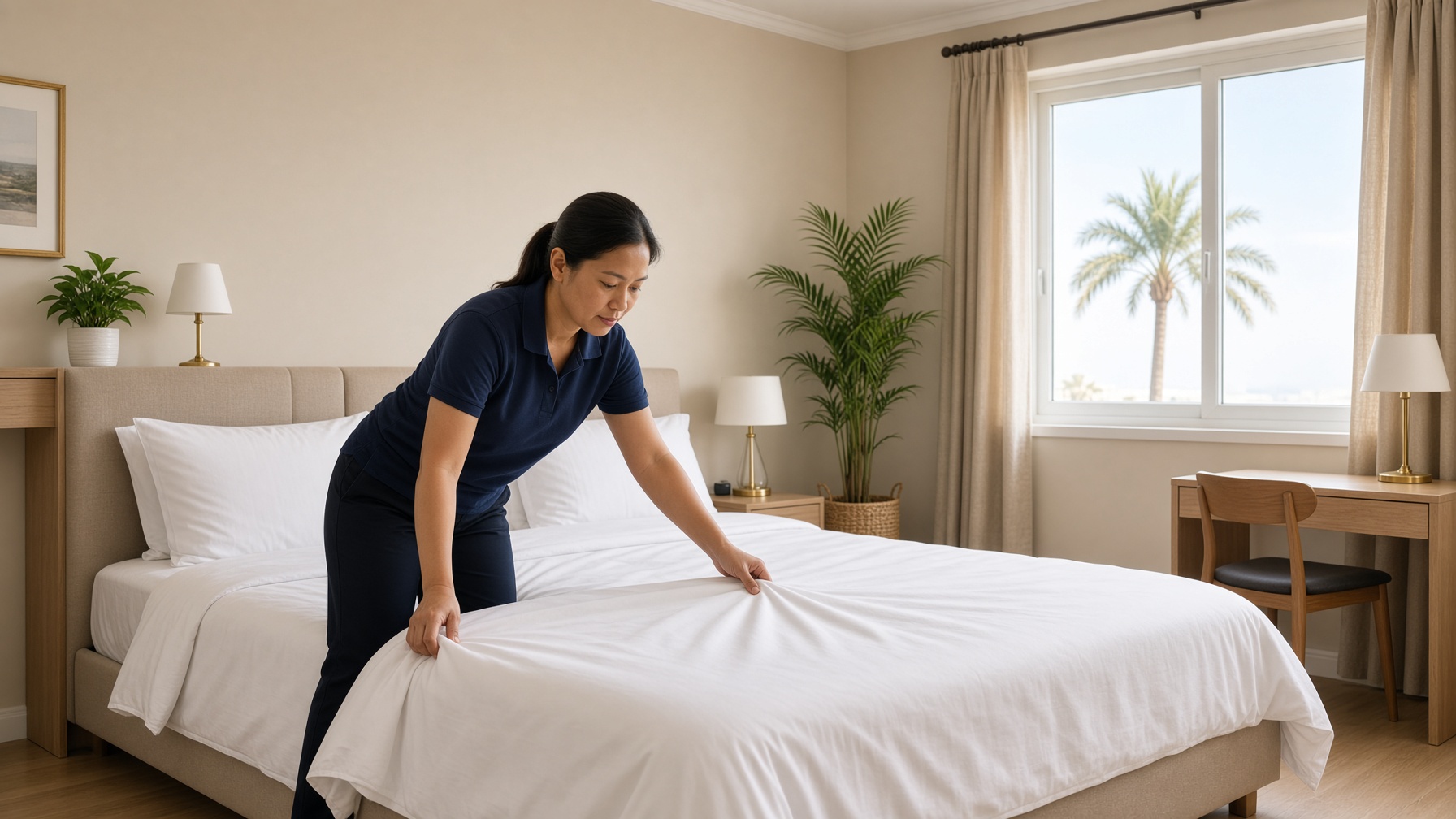 Holiday home cleaning in Dubai — A&M PureCare making a guest-ready bed