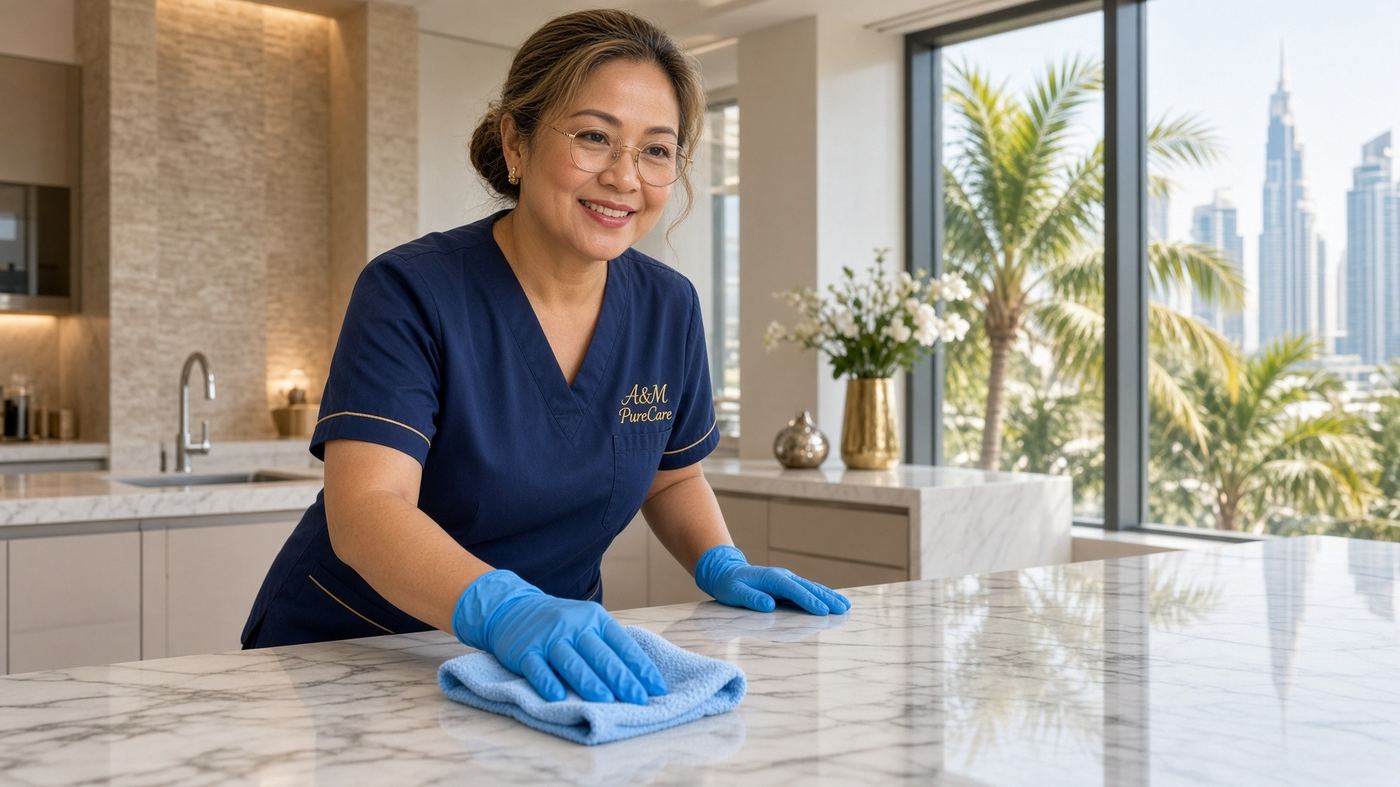 A&M PureCare home cleaner in branded navy uniform, Dubai villa kitchen