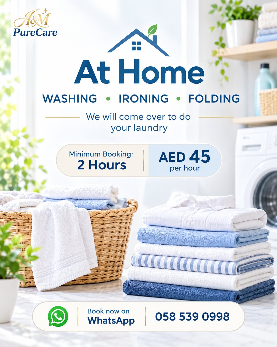 At-home laundry in Dubai — A&M PureCare washing, ironing and folding, AED 45 per hour