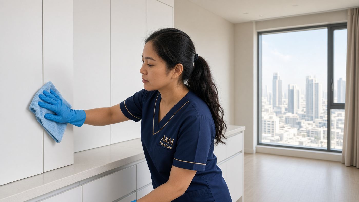 A&M PureCare cleaner preparing empty kitchen cabinets for a Dubai move-in