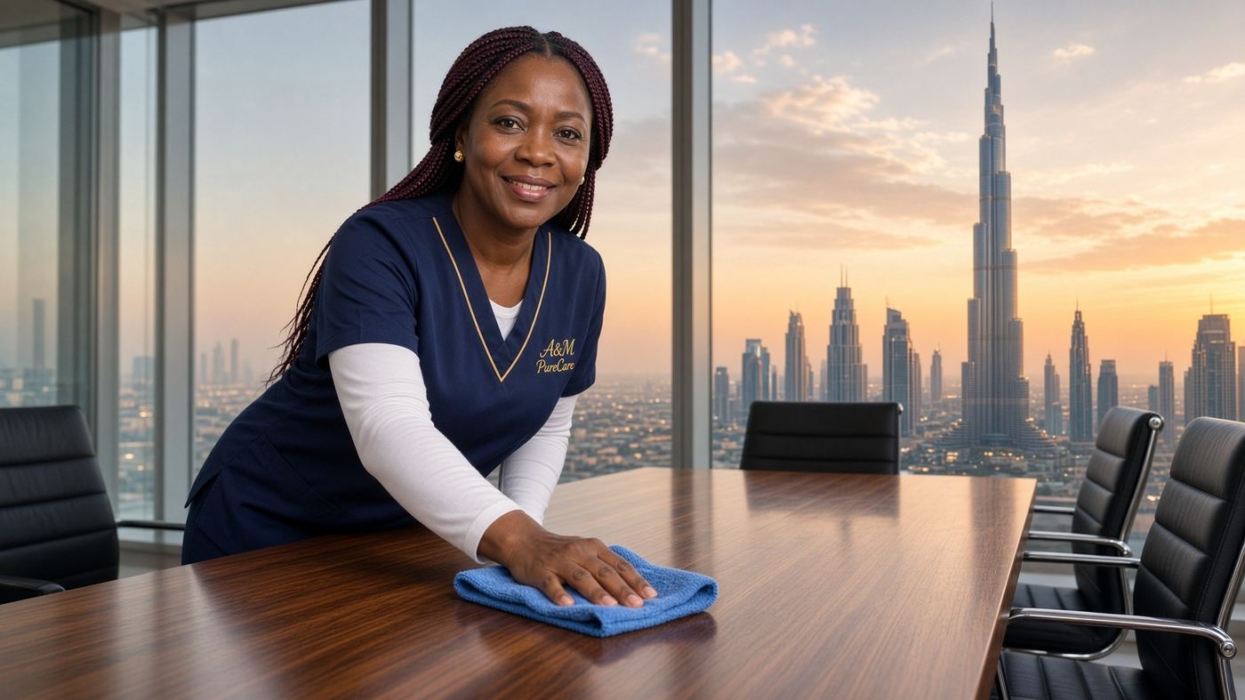 Office cleaning in Dubai — A&M PureCare crew in a commercial kitchen