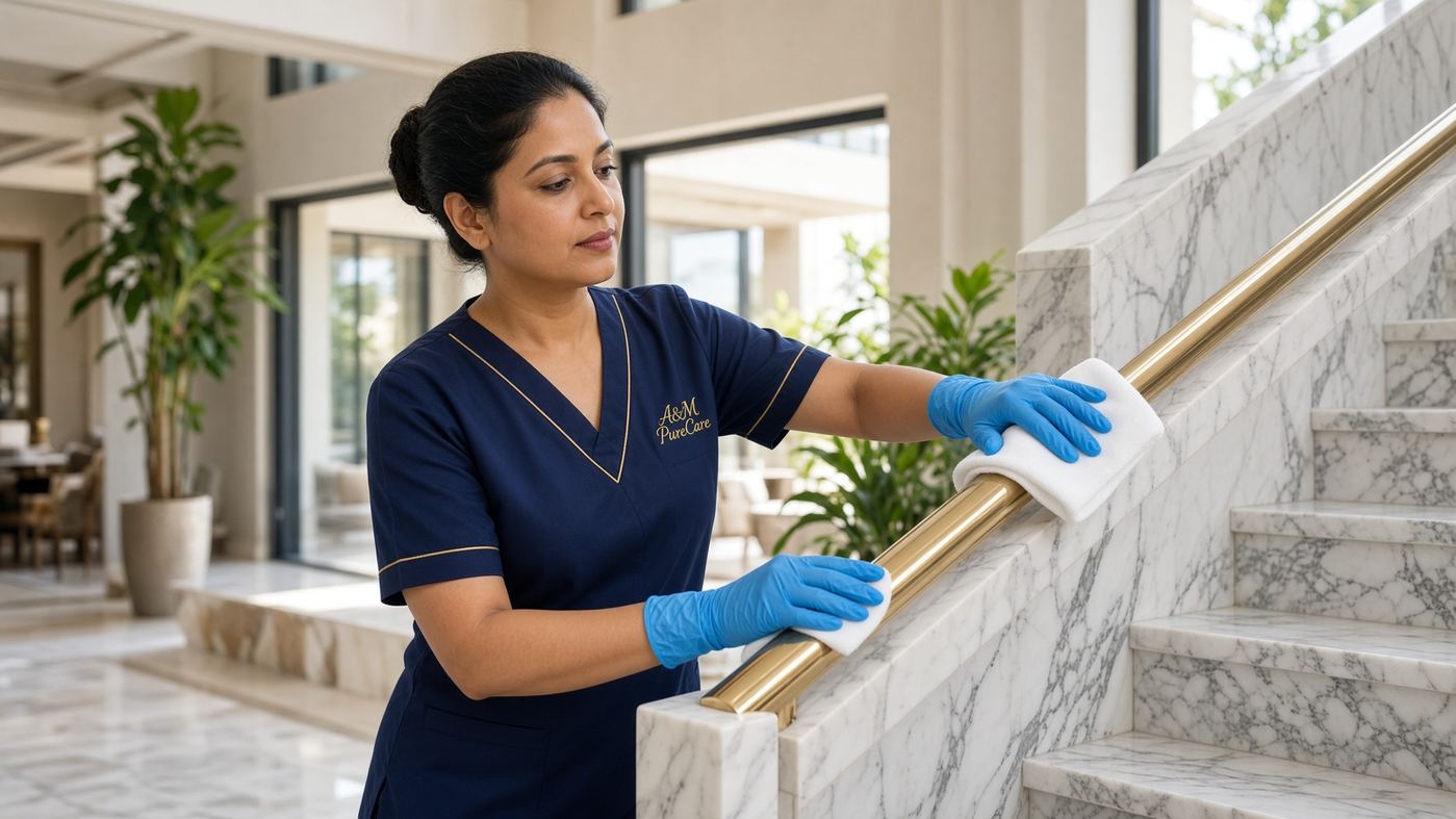 A&M PureCare cleaner wiping a Dubai villa staircase